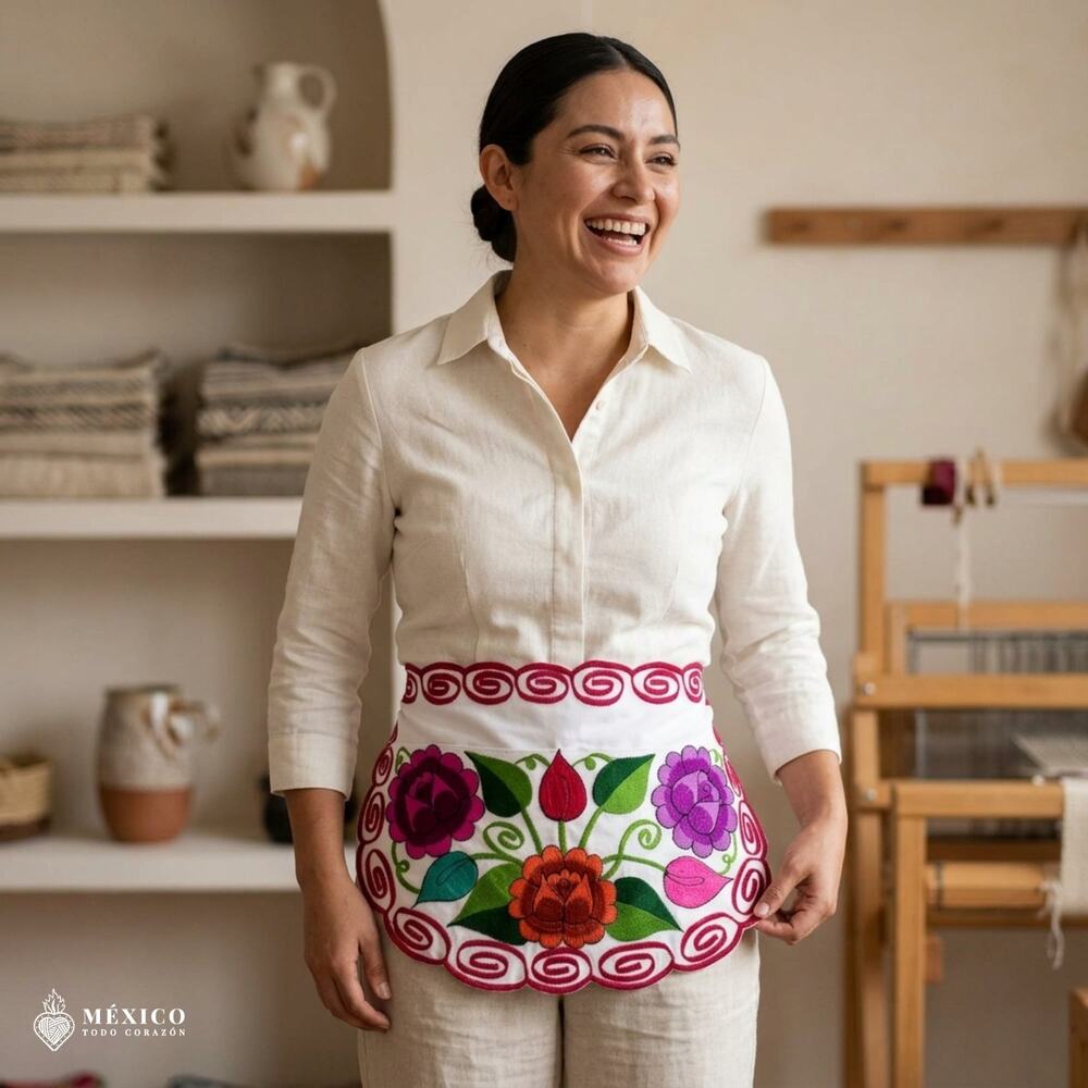Mexican Embroidered Waist Apron – Floral Pocket Design, Traditional Tie Apron